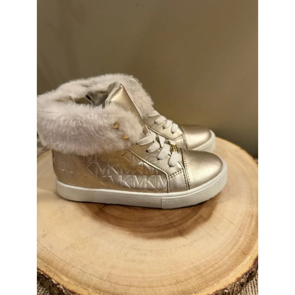 Michael Kors Poloma Fluff Sneaker Gold Boots Logo Monogram Fur Trim Girls‎ Sz-13